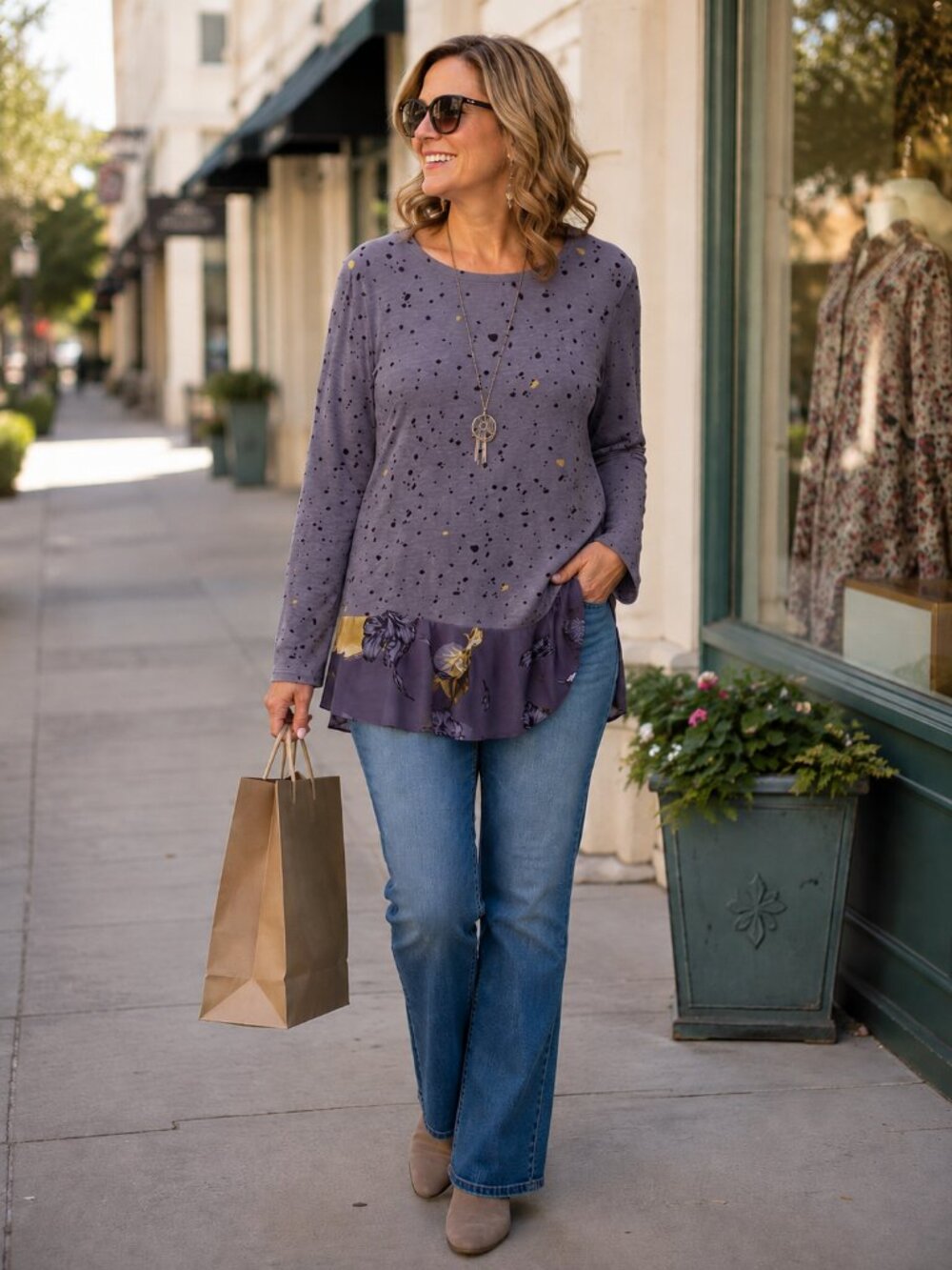 LOGO by Lori Goldstein Lounge Lg Slve Scp Neck Grayish Purple Tunic w/Splatter L
